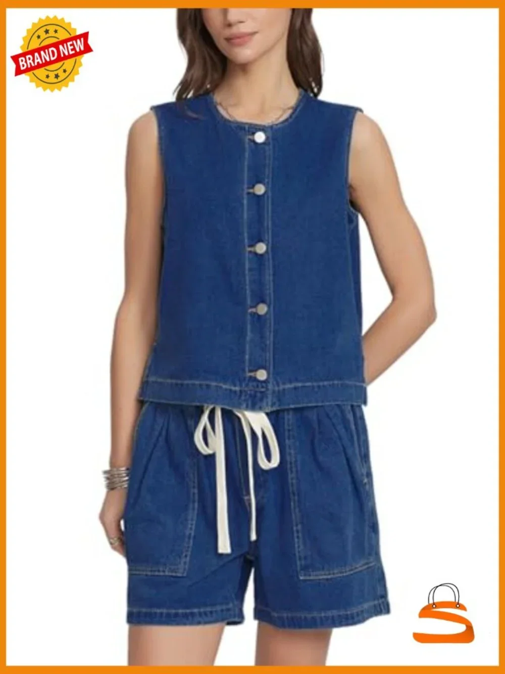 Sleeveless Denim Vest & Baggy Jean Shorts Matching Set